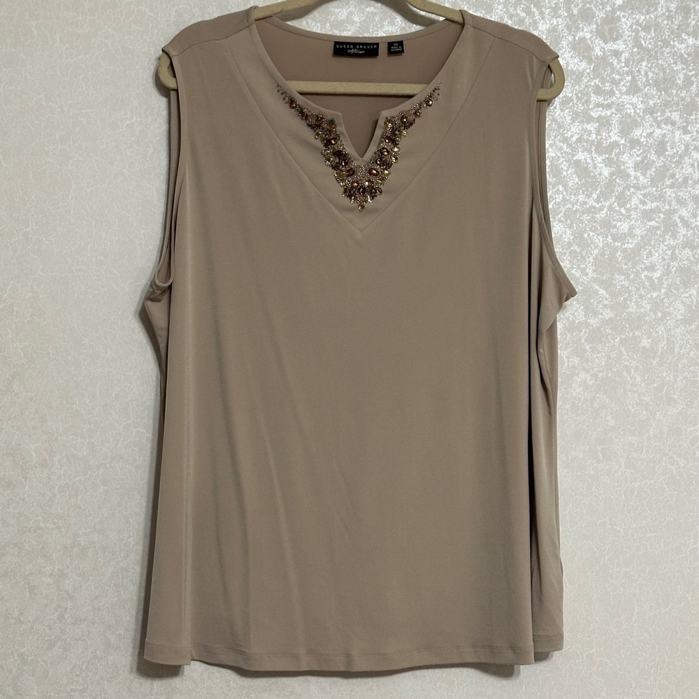 Susan Graver Artisan Beige Sleeveless Beaded Embellished V-neck Top Plus Size 2X